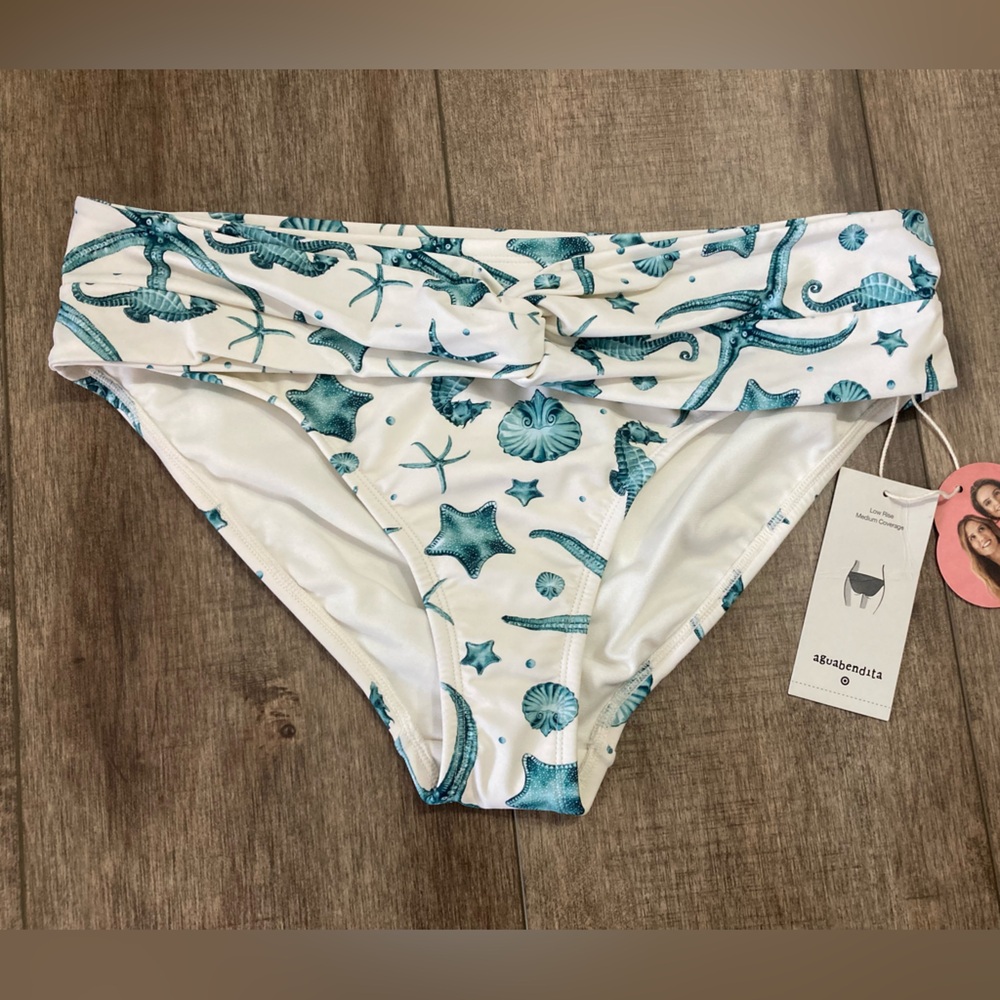 Agua Bendita White Bikini Bottoms with Chic Blue Ocean Themed Accents